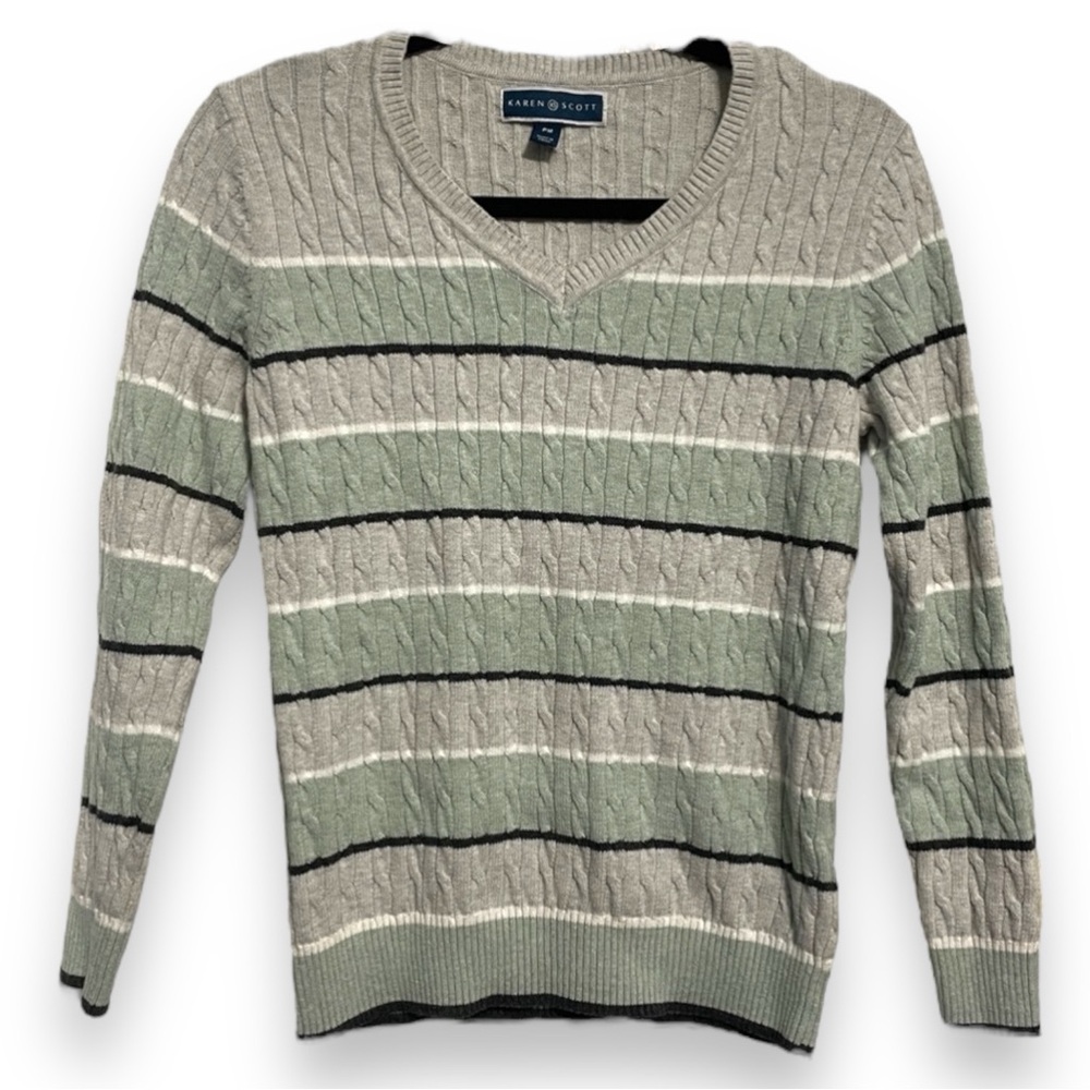 Karen Scott Women's Grey and Green Striped Long Sleeve V Neck Sweater Size Med P - Picture 1 of 7